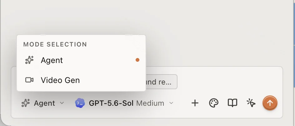 The mode selection menu in the ChatCut AI composer with Agent and Video Gen options